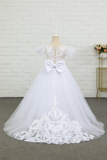 Vestido de menina de flor de chão de tulle branco